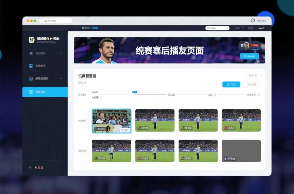比赛结束后，电视屏幕展示集锦回放页面，旁边有时间轴和多角度切换提示